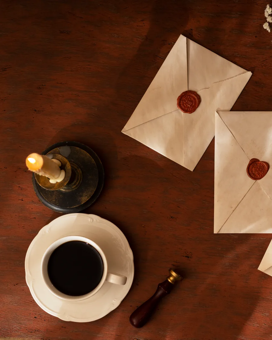 A writing desk by candlelight: black coffee, a wax-seal stamp, and sealed letters