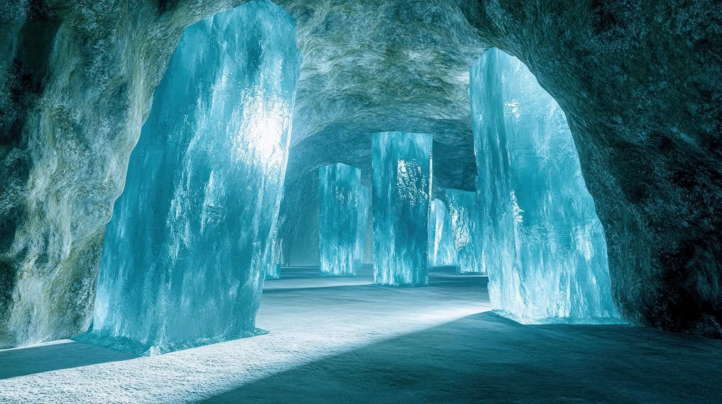 Tall pillars of blue ice glowing inside a cave